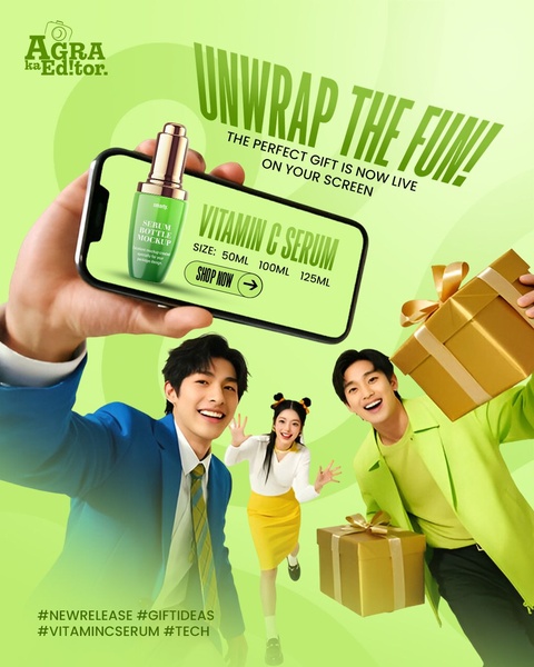 A high-energy ad showing a mobile phone screen displaying a Vitamin C Serum mockup, surrounded by vibrant gift boxes and happy creators.
